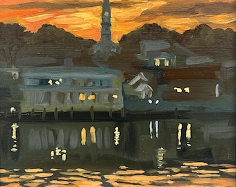 Sunset over Camden, Maine. Original Oil Painting.