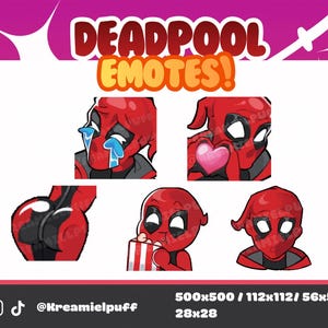 May include: A graphic featuring Deadpool emotes. The emotes include Deadpool crying, holding a heart, eating popcorn, and a rear view. The text "DEADPOOL EMOTES!" is at the top. The image is on a white background with a pink and purple gradient.