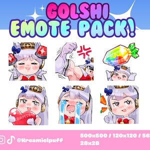 Puede incluir: Un gráfico de arte digital con un paquete de emoticonos Golshi. La imagen muestra seis emoticonos diferentes con un lindo personaje de anime. Los emoticonos muestran varias expresiones, incluyendo felicidad, ira y tristeza. El fondo es un degradado de azul y rosa.