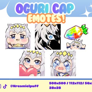 Puede incluir: Gráfico de arte digital con emoticonos de dibujos animados sobre un fondo azul claro. Los emoticonos representan un personaje con pelo blanco y una corona, comiendo fideos, sosteniendo un corazón y llorando. El texto dice "OGURI CAP EMOTES!" y las redes sociales.