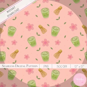 Könnte beinhalten: Nahtloses digitales Muster mit Matcha-Tassen mit lächelnden Gesichtern, Bambusbesen und rosa Blüten auf hellrosa Hintergrund. Das Design enthält den Text "Sofort-Download" und die Maße 30,48 cm x 30,48 cm.