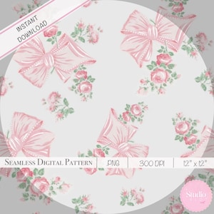 May include: A seamless digital pattern featuring a repeating design of pink bows and rose bouquets on a light gray background. The image includes the text "Instant Download" and "12" x 12".