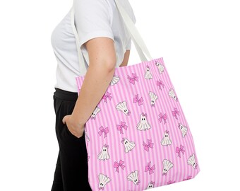 Pink Ghost Tote Bag, Trendy Halloween, Fun Tote, Bags, Tote Bags, Pink Stripe Tote, Gift For Her, Everyday Bag, Halloween Theme