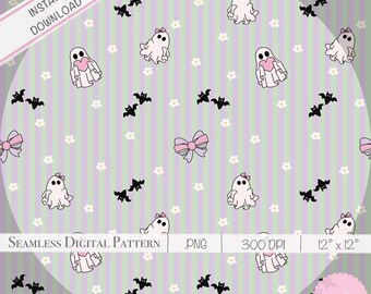 Halloween Seamless Pattern: Ghosts, Bats, Stripes (PNG Digital Download)