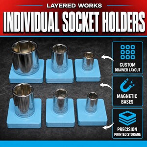 May include: Six silver metal sockets of varying sizes, each mounted on an individual light blue square base. Text on the image reads: LAYERED WORKS, INDIVIDUAL SOCKET HOLDERS, CUSTOM DRAWER LAYOUT, MAGNETIC BASES, and PRECISION PRINTED STORAGE.