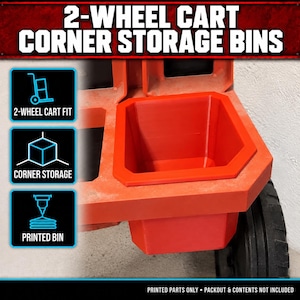 Pode incluir: Um recipiente de armazenamento de canto laranja brilhante para carrinho de 2 rodas com uma abertura hexagonal. A imagem inclui o texto: 2-WHEEL CART CORNER STORAGE BINS, 2-WHEEL CART FIT, CORNER STORAGE, PRINTED BIN, PRINTED PARTS ONLY • PACKOUT & CONTENTS NOT INCLUDED.