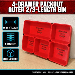Puede incluir: Un contenedor de almacenamiento modular rojo para un sistema de 4 cajones, con un diseño de longitud exterior de 2/3. La base interior de cada compartimento tiene grabado el texto Milwaukee Dave Design. La unidad consta de cinco secciones.
