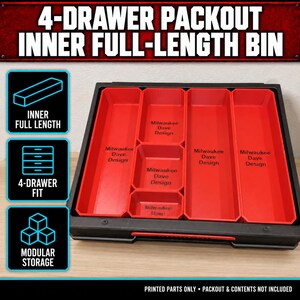 May include: A black and red modular storage tray for a 4-drawer packout system. The tray features multiple red inner compartments with the text Milwaukee Dave Design printed on each. The top text reads 4-DRAWER PACKOUT INNER FULL-LENGTH BIN.