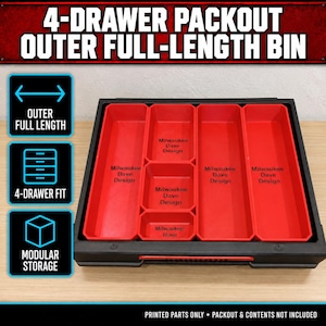 Op de afbeelding: Een zwarte 4-drawer packout outer full-length bin organizer met meerdere rode binnenvakken. Elke rode bak is gelabeld met de tekst Milwaukee Dave Design. De organizer is voorzien van modulaire opslag en is ontworpen voor een 4-laden systeem.