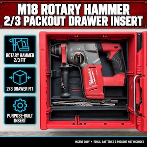 May include: A black plastic drawer insert for an M18 rotary hammer, designed for a 2/3 Packout drawer. The insert holds a red and black rotary hammer and two drill bits. Text includes M18 ROTARY HAMMER 2/3 PACKOUT DRAWER INSERT and icons.