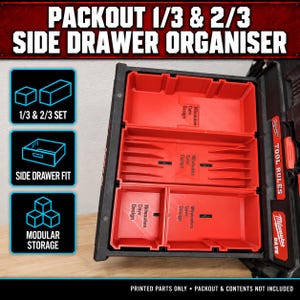 May include: A black and red plastic drawer organiser set for tool storage, featuring multiple compartments labelled Milwaukee Dave Design. The image includes text overlays: PACKOUT 1/3 & 2/3 SIDE DRAWER ORGANISER, 1/3 & 2/3 SET, SIDE DRAWER FIT, MODULAR STORAGE, and PRINTED PARTS ONLY.