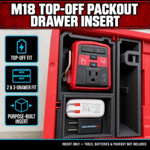 May include: A red plastic drawer insert for an M18 Top-Off power supply, featuring custom-moulded black compartments. It holds a power inverter, a white wall charger, and a black plug adapter. Text includes M18 TOP-OFF PACKOUT DRAWER INSERT.