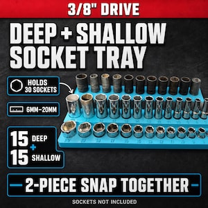 May include: A light blue 2-piece snap-together socket tray for 3/8 inch drive tools. The tray holds 30 sockets, with 15 deep and 15 shallow slots, accommodating sizes from 6mm to 20mm. Text on the image reads 3/8 inch drive, deep + shallow socket tray.