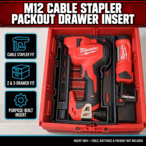 May include: A red and black custom foam insert for a Milwaukee M12 cable stapler, designed to fit inside a Packout drawer. The insert holds the stapler and a battery, with text labels indicating compatibility with 2 and 3-drawer units.