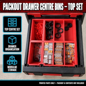 May include: A black and red modular storage drawer organiser set labelled PACKOUT DRAWER CENTRE BINS - TOP SET. The red plastic bins contain various hardware items including red tubes, black rubber rings, metal washers, and clear electrical connectors.