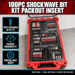 Puede incluir: Un estuche de almacenamiento de plástico rojo que contiene un inserto negro moldeado lleno de un kit de 100 puntas de metal. La imagen presenta el texto 100PC SHOCKWAVE BIT KIT PACKOUT INSERT, 100PC SHOCKWAVE BIT KIT FIT, PACKOUT ORGANISER FIT y PURPOSE-BUILT INSERT.