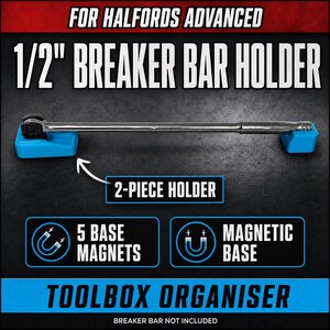 Puede incluir: Un soporte magnético azul de 2 piezas para una barra de fuerza de 1/2 pulgada. El soporte cuenta con 5 imanes en la base para una fijación segura a una caja de herramientas. El texto dice: FOR HALFORDS ADVANCED 1/2" BREAKER BAR HOLDER, 2-PIECE HOLDER, 5 BASE MAGNETS, MAGNETIC BASE, TOOLBOX ORGANISER, BREAKER BAR NOT INCLUDED.