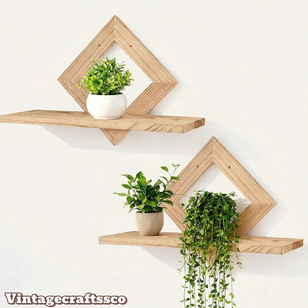 Geometric Solid Wood Floating Shelves (set of 2) | Wall Decor Storage ...