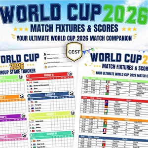 May include: A World Cup 2026 match fixtures and scores tracker with a group stage chart, including team names, national flags, and match schedules. The design features a football, a trophy icon, and the text World Cup 2026 Match Fixtures & Scores.