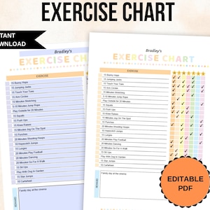 Może przedstawiać: Dwa drukowane wykresy ćwiczeń z listą ćwiczeń, w tym pajacyki i przysiady. Wykresy mają kolorową sekcję odhaczania i tekst "Exercise Chart" u góry. Wykresy są oznaczone jako "Natychmiastowe pobieranie" i "Edytowalny plik PDF".