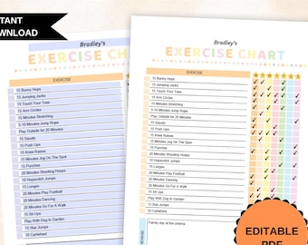 Kids Daily and Weekly Exercise Chart, Exercise Chart for Kids, Kids workout Schedule, Kids Fitness Activities, Printable Template
