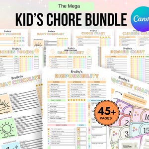 Editable Kids Chore Chart Bundle, Daily Checklist, Responsibility, School, Reward, Allowance, Behavior, Weekly Chores, Earn Money, Canva PDF