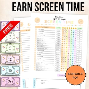 May include: Printable chore chart with the text "Earn Screen Time" and "How to Earn". Includes a list of chores with checkboxes and reward bucks in denominations of 3, 5, 10, 15, and 20.