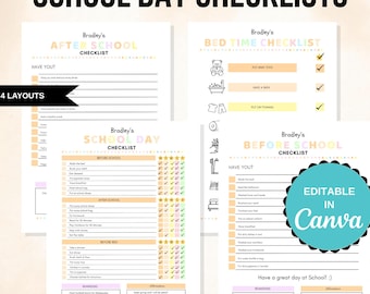 Lista de verificación diaria editable para niños, tareas imprimibles, lista de verificación para el día escolar, responsabilidades diarias, tabla de tareas, tablas de rutinas, plantilla de Canva
