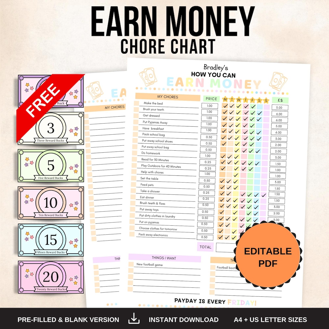 Kids Chore Chart, Allowance Tracker, Rewards Bucks (editable PDF) - Etsy