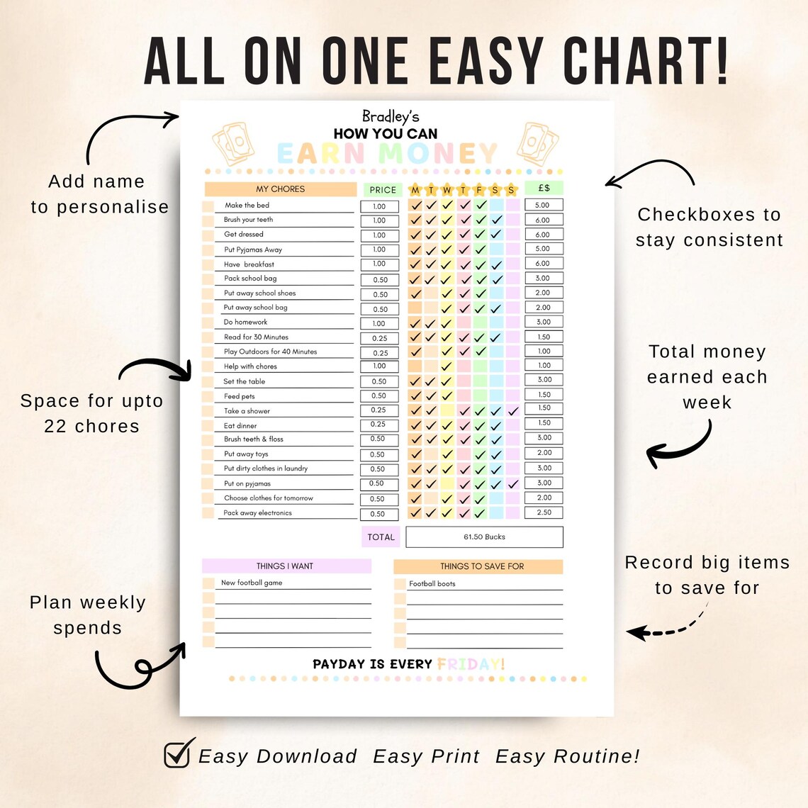 How to Earn Chore Money, Earn Money Chart, Kids Allowance Tracker ...