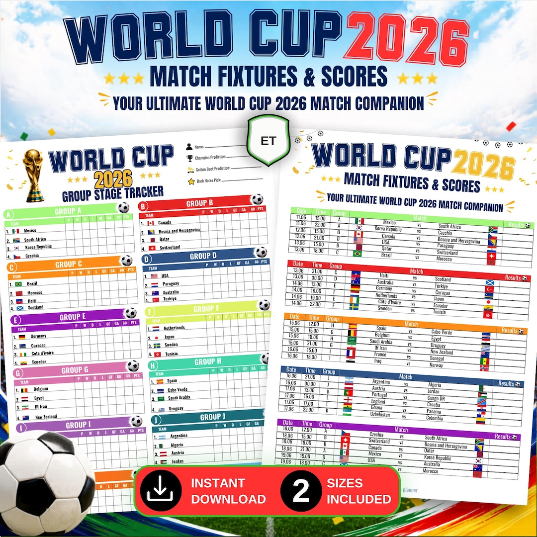 World Cup 2026 Printable Tracker & Bracket PDF, Soccer Tournament Chart