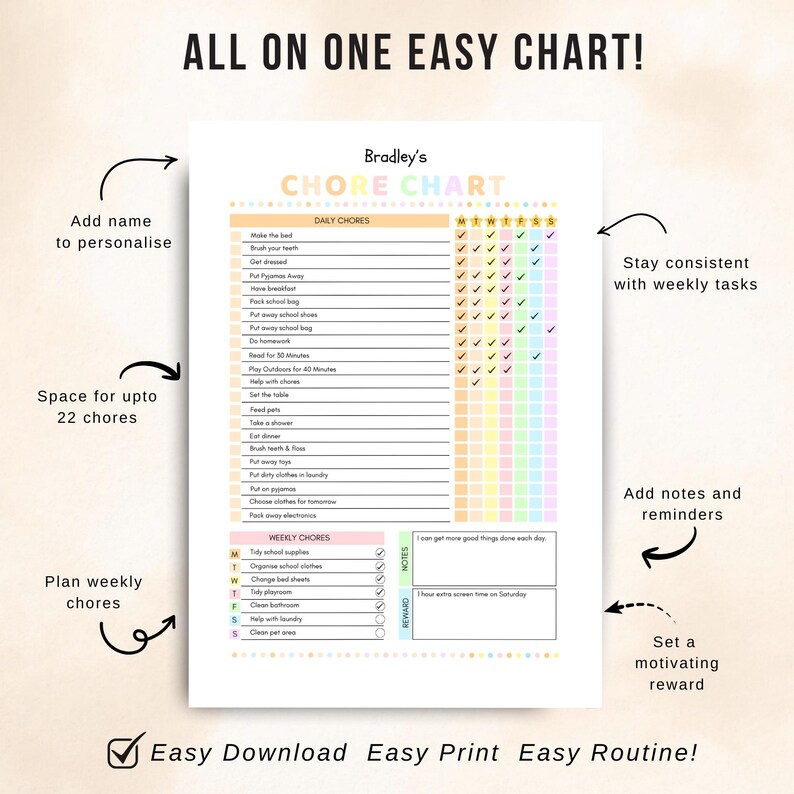 Kids Chore Chart, Printable Daily & Weekly, Editable in Canva (digital ...