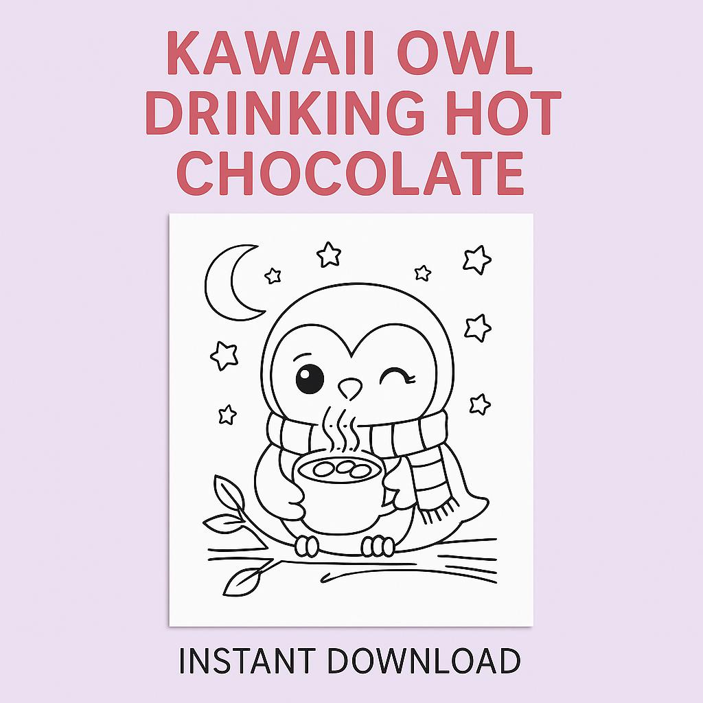 Kawaii Owl Drinking Hot Chocolate – Printable Coloring Page for Kids & Adults