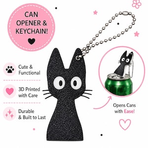 May include: A black cat-shaped can opener and keychain with white circular eyes and black whiskers. The item features a silver ball chain and is shown opening a green aluminum soda can. Text includes React Kids, Can Opener & Keychain, and A purr-fect blend of cute and practical.