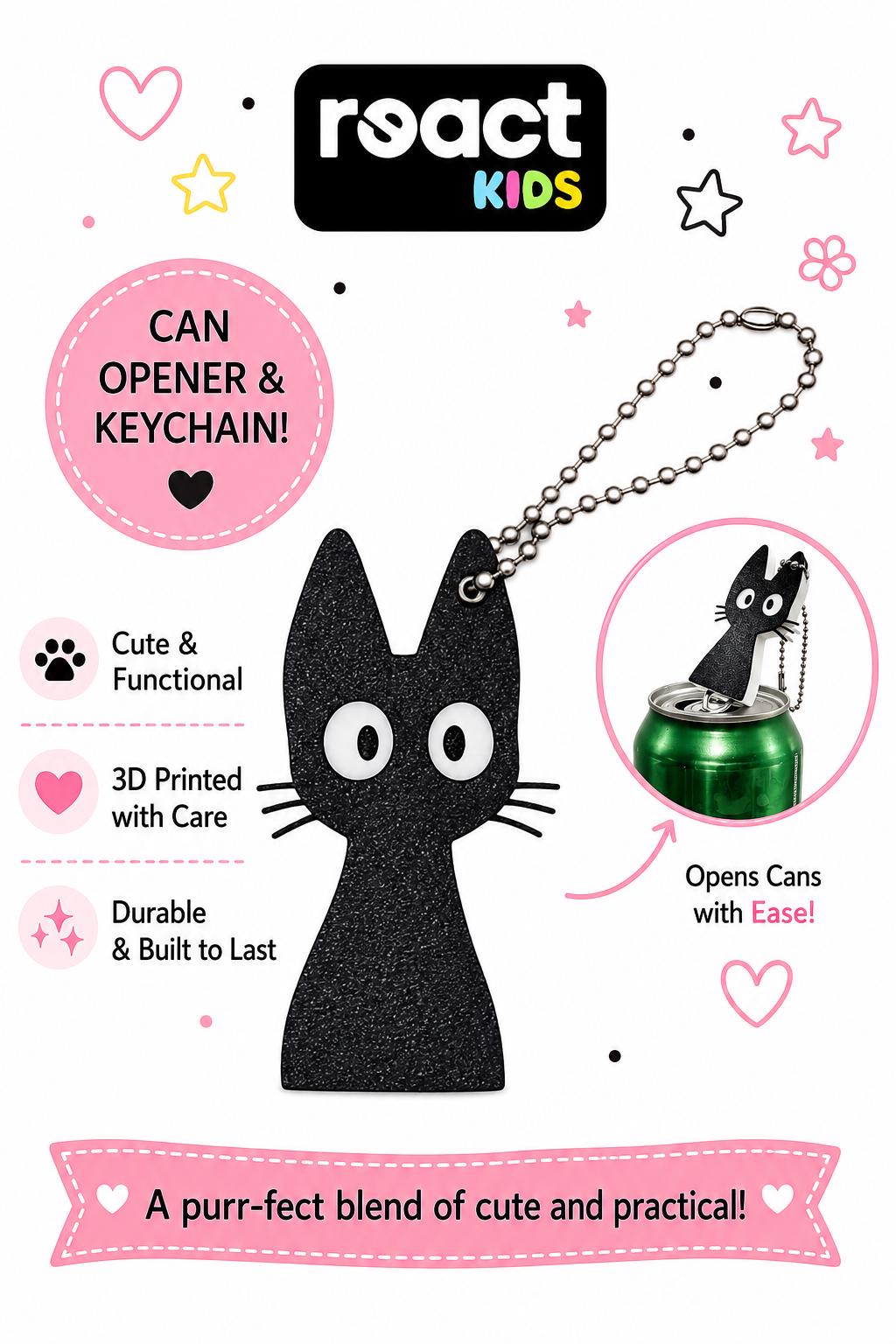 3D Printed Black Cat Can Opener Keychain | Kawaii Practical