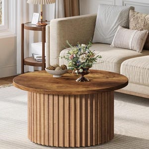31.5-inch Round Wooden Coffee Table With Metal Base