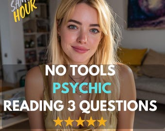 May include: A woman with blonde hair and blue eyes smiles at the camera. Text on the image reads "NO TOOLS PSYCHIC READING 3 QUESTIONS" with five gold stars and "SAME HOUR" in a yellow bubble.