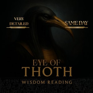 Puede incluir: Ilustración digital del dios egipcio Thoth, con cabeza de pájaro y detalles dorados. El texto dice "Eye of Thoth" y "Wisdom Reading", con las frases "Very Detailed" y "Same Day".
