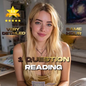 May include: A woman with long blonde hair and blue eyes is smiling at the camera. Text on the image reads "5.0 RATING", "VERY DETAILED", "SAME HOUR", and "1 QUESTION READING". The woman is wearing a gold-colored top.
