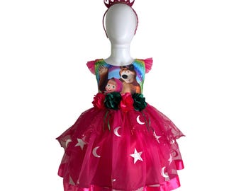 Masha and the Bear Birthday Dress: Pink Tulle Stars & Moons + Headband
