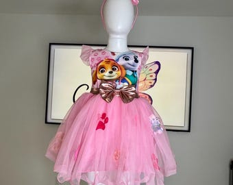 PAW PATROL Meisjesjurk met lange mouwen | katoen | Skye en Everest motieven | maat 98-128, roze, 128