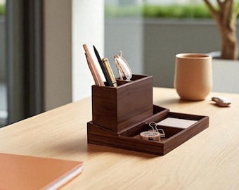 Premium Walnuss-Schreibtisch-Organizer - Schreibtisch-Aufbewahrung aus Holz mit mehreren Fächern für Schreibwaren, Accessoires und Home-Office-Dekor