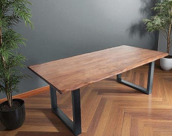Mesa de madeira com bordas vivas e pernas em formato de U – Mesa de escritório moderna, mesa de computador rústica, móveis de madeira para escritório feitos à mão, mesa artesanal