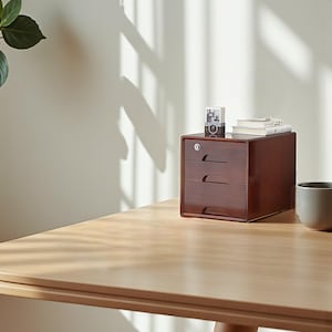 May include: A small, dark brown wooden desk organizer with three drawers sits on a light-colored wooden desk. A small camera and books are on top. A gray mug is to the right. A plant is in the background.