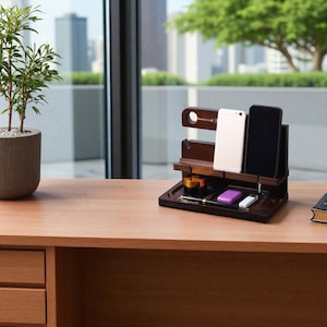 Wood Docking Station for Phone, Tablet, Wallet, Watch, Keys & Accessories – Desk Organizer, Nightstand Holder - Gifts for Men