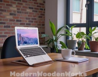 Soporte para portátil de madera hecho a mano, soporte para MacBook de madera maciza, accesorio de escritorio minimalista, ideal para regalar.