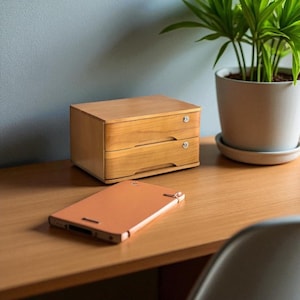 Puede incluir: Un organizador de escritorio de madera marrón claro con dos cajones y pequeños pomos plateados. Una funda de teléfono de cuero marrón claro está sobre el escritorio. Una planta en maceta está en el fondo.