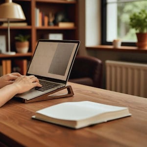 May include: A laptop on a wooden stand with a person typing on the keyboard. A large open book rests on a wooden desk. The background includes a bookshelf, a lamp, and a window with a plant.