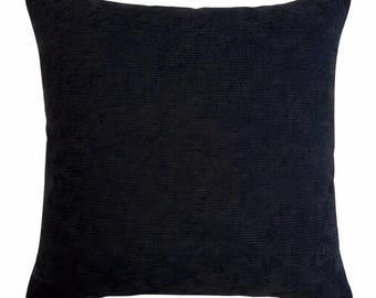 Funda de almohada de pana de 8 hilos / Negra / Tacto aterciopelado texturizado acanalado / Cojín de doble cara / Cremallera invisible /