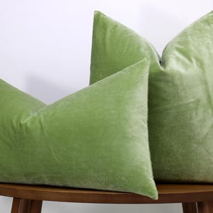May include: Two green velvet throw pillows in different sizes. The pillows are a light green color and have a soft, plush appearance. They are placed on a wooden table against a white background.